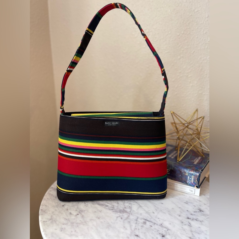 EUC- Vintage Kate Spade Canvas Rainbow Striped Shoulder Tote